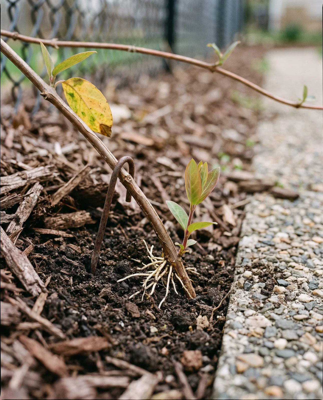 A honeysuckle stem pinned to the soil and rooting where it touches the ground beside the parent vine