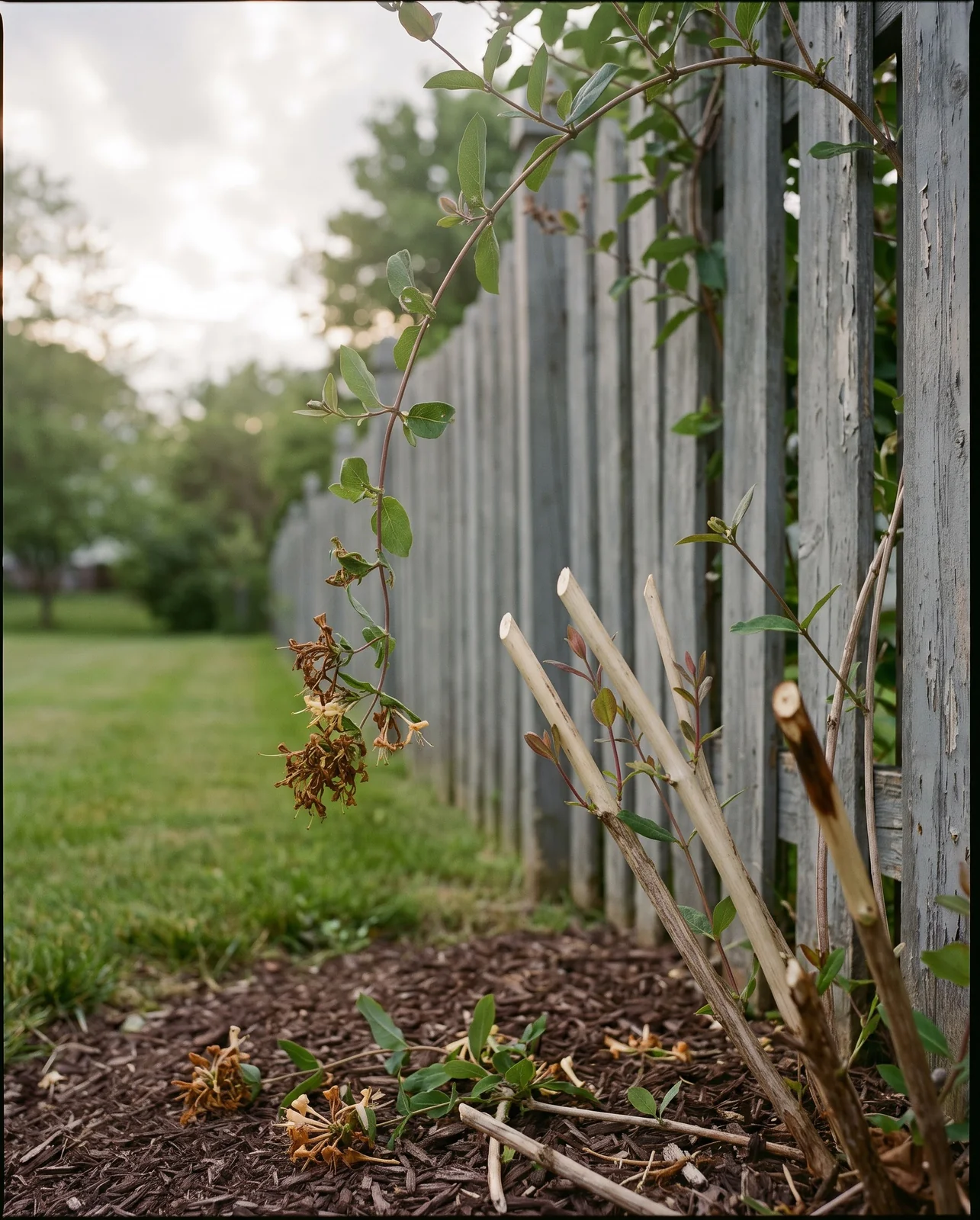 A honeysuckle vine just after flowering with spent clusters cut off and fresh cut ends on a fence