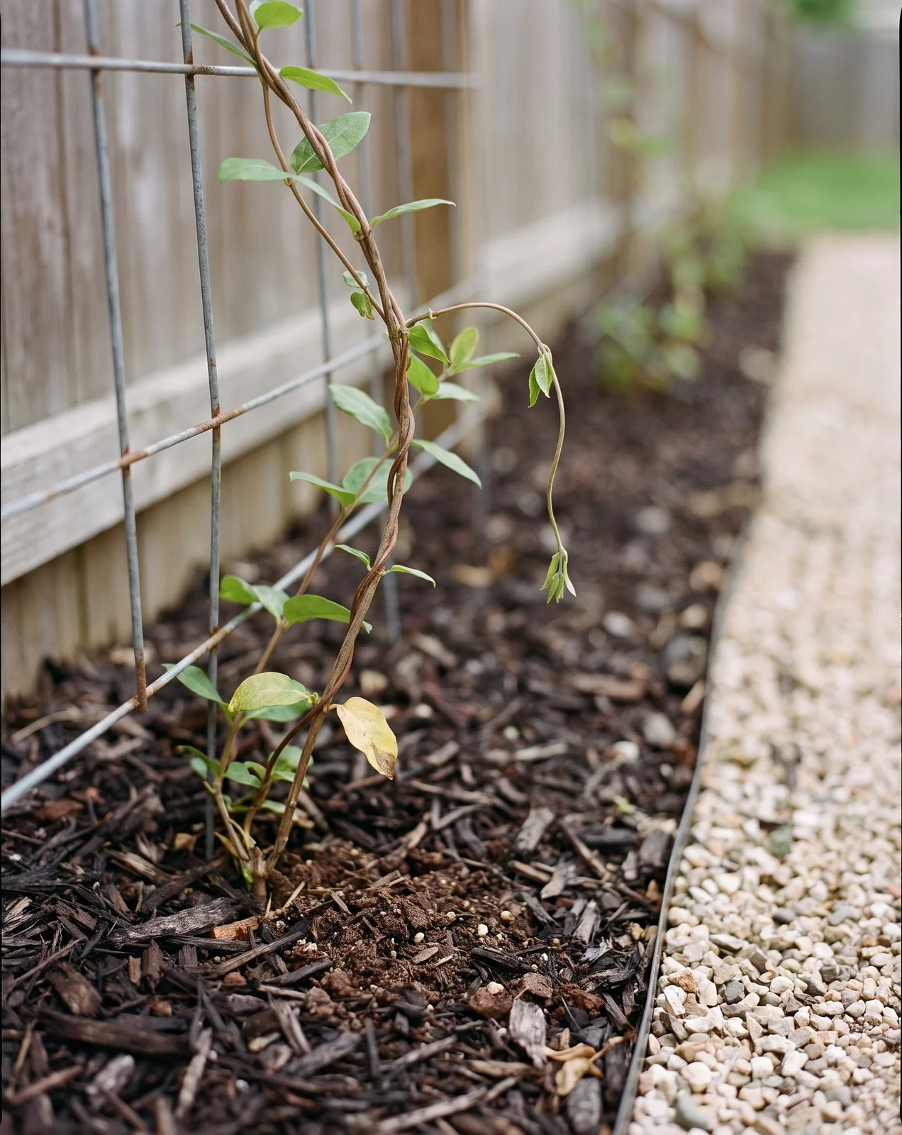 A young honeysuckle twining up a wire trellis from a mulched bed with dark loose soil at its base