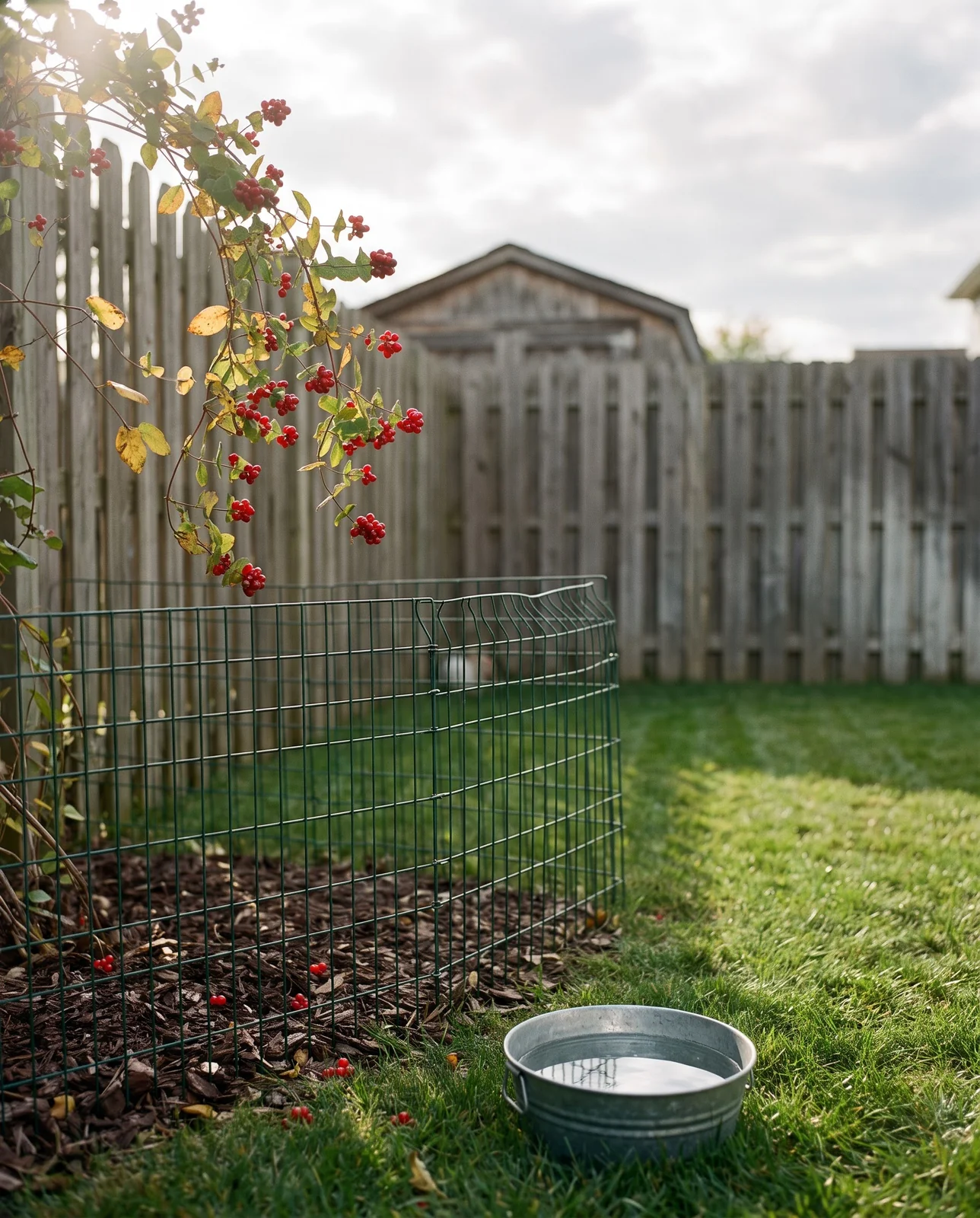 Red honeysuckle berries on a vine behind a low garden fence with a dog water bowl on the lawn away from it