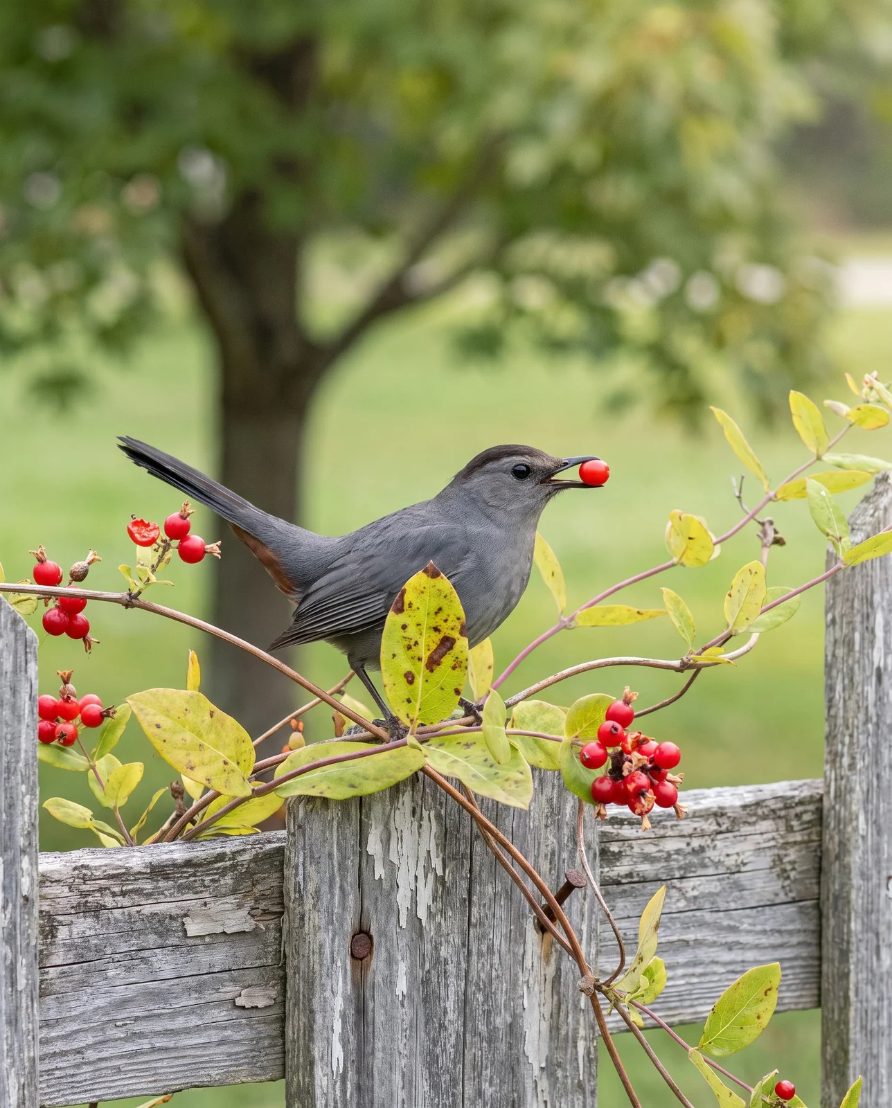 A grey catbird perched in a honeysuckle vine eating a red berry in early autumn