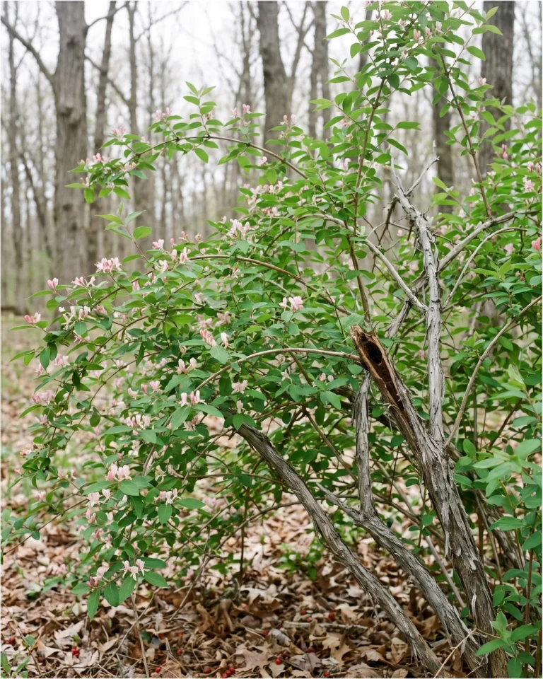 Amur bush honeysuckle shrub with hollow grey stems, paired pink-white flowers and leaves out before the woods