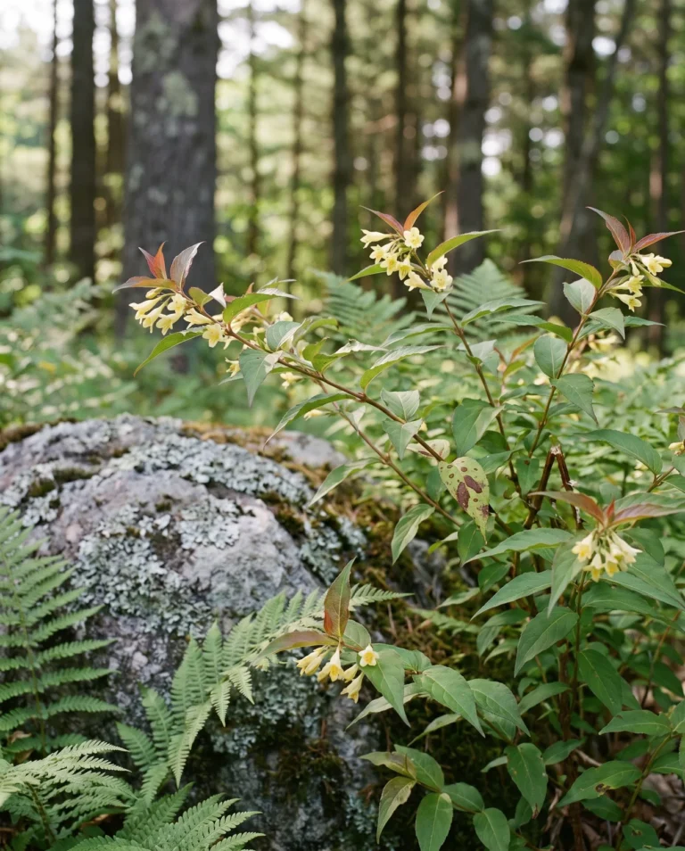 Northern bush honeysuckle with small yellow flowers and toothed leaves on a low spreading shrub on a rocky bank