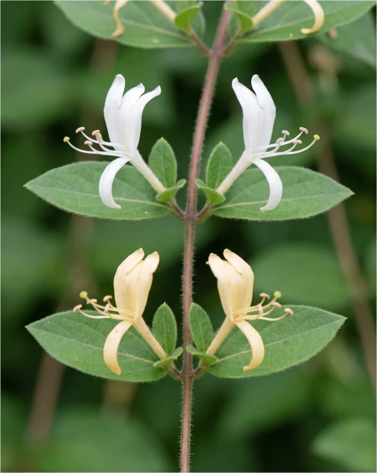 Japanese honeysuckle close view with paired white and yellow flowers along the stem and separate leaves