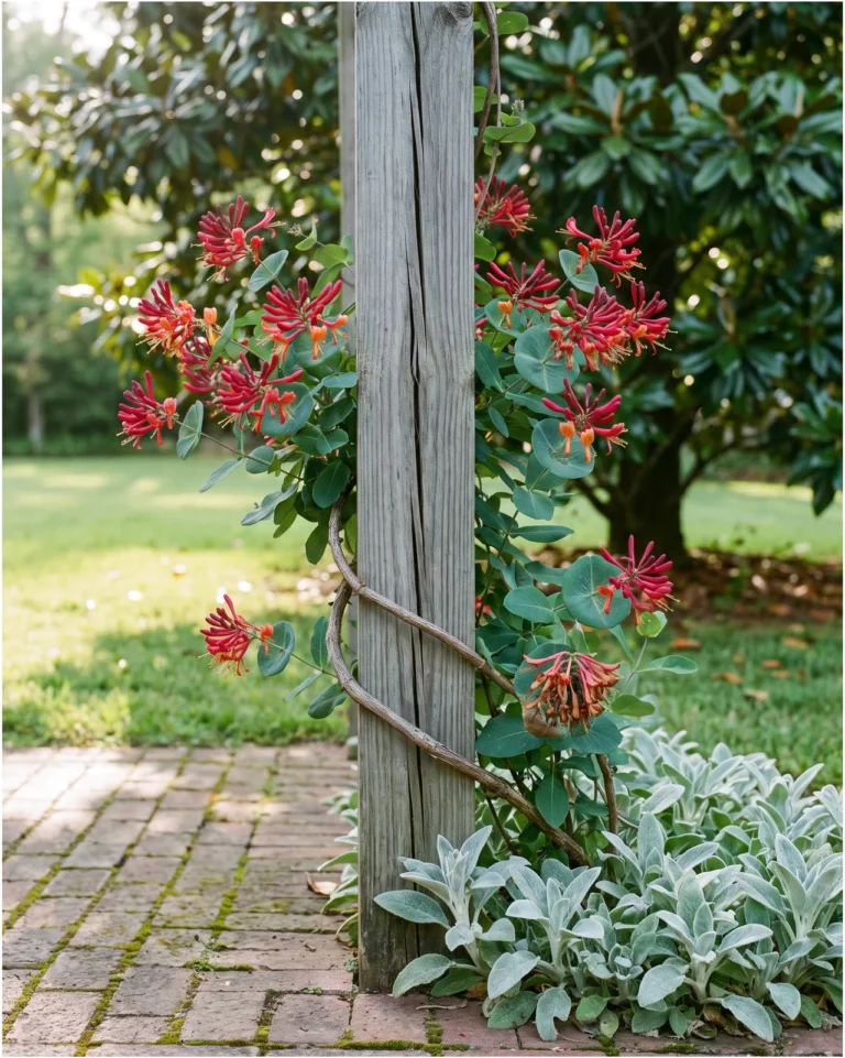 Alabama Crimson coral honeysuckle with deep crimson tubular flowers on a wooden arbor post