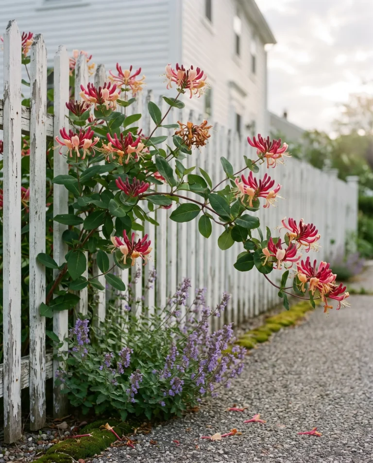 Early Dutch honeysuckle with pink and cream flowers clustered at the stem tips on a garden fence in late spring