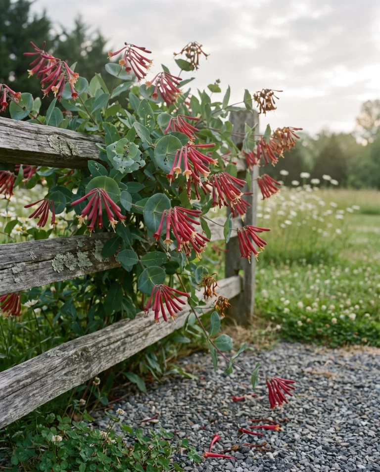 Cedar Lane coral honeysuckle with long dark red tubular flowers hanging from a vine on a split-rail fence