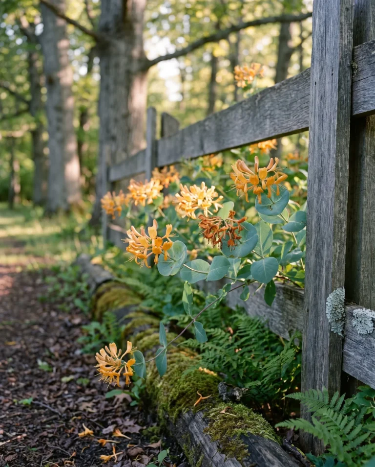 Yellow honeysuckle with clusters of golden-orange flowers and broad blue-green leaves on a low fence in a woodland garden