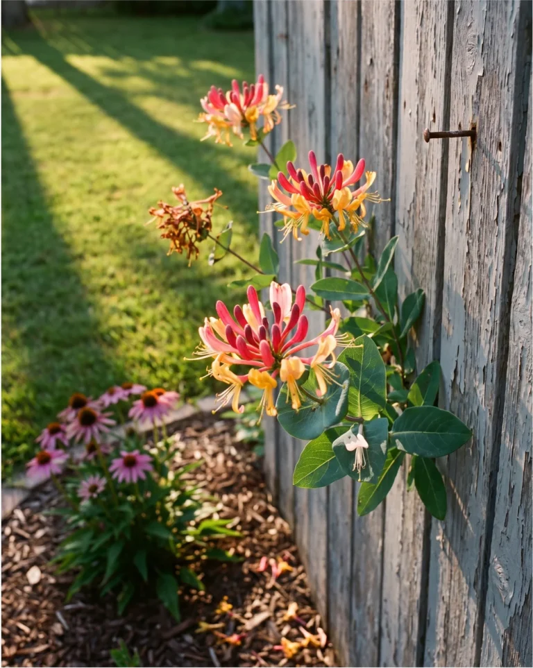 Gold Flame honeysuckle with carmine-pink buds opening to golden-yellow flowers on a fence in summer