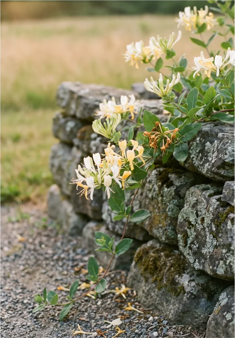 Graham Thomas honeysuckle with white flowers aging to soft yellow on a vine draped over a garden wall