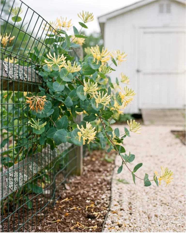 John Clayton yellow coral honeysuckle with clusters of pale yellow tubular flowers on a wire fence