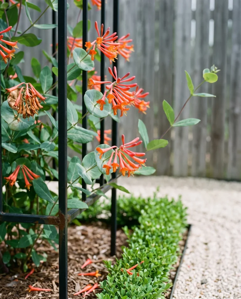 Leo coral honeysuckle with vivid orange-red tubular clusters and flowers opening orange-yellow inside on a trellis