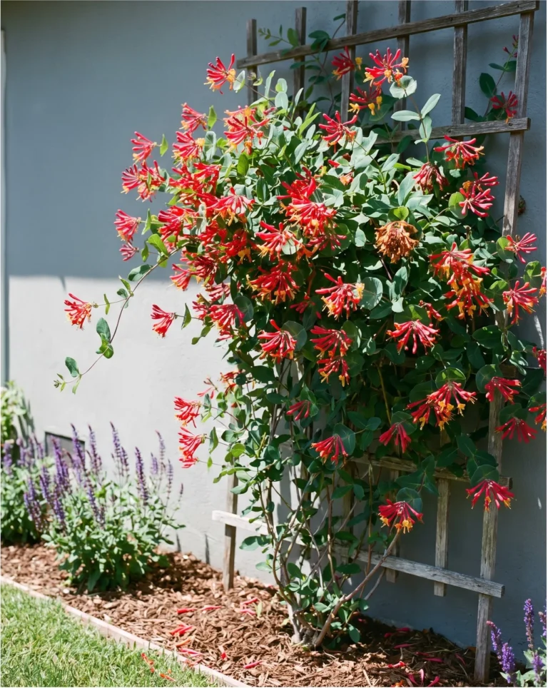 Major Wheeler coral honeysuckle covered in bright red tubular flower clusters on a trellis in late spring