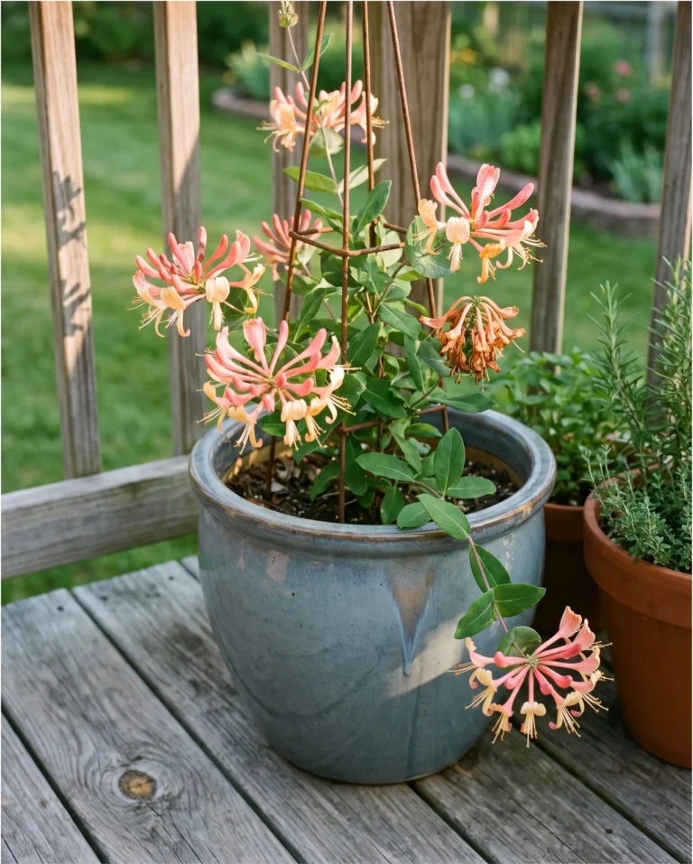 Peaches and Cream honeysuckle with peach-pink and cream flowers on a compact vine in a large pot on a deck