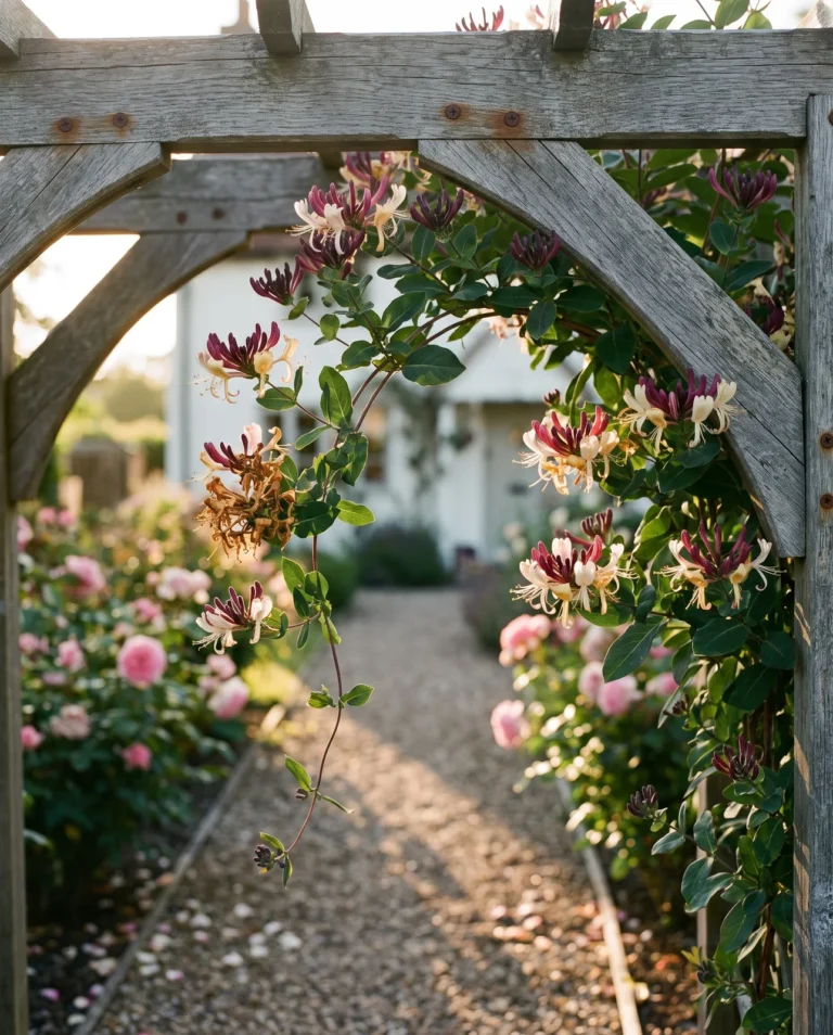 Late Dutch honeysuckle with purple-red buds opening to cream flowers on a cottage garden arch