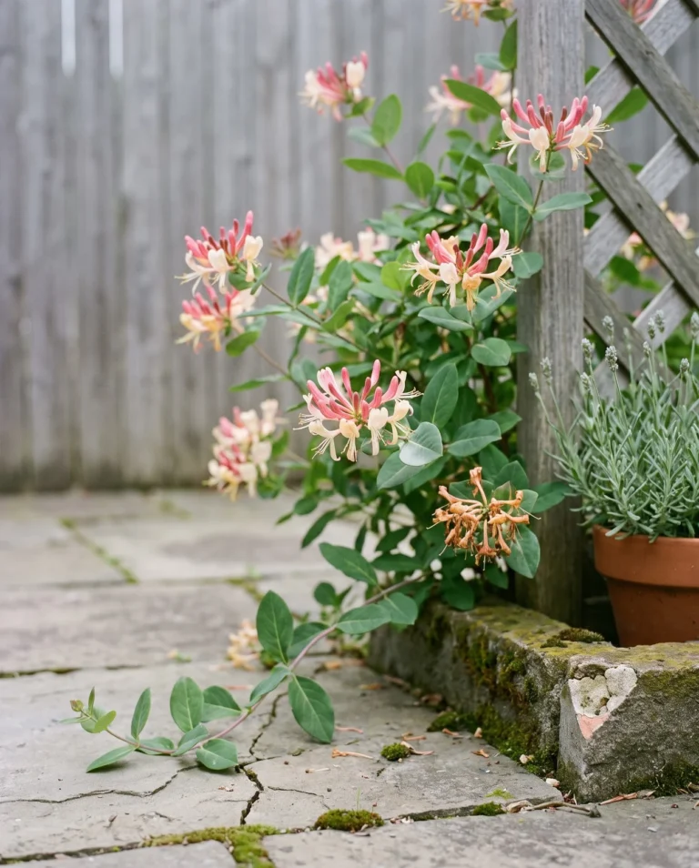 Strawberries and Cream honeysuckle with pink-flushed cream flowers on a compact vine on a trellis by a patio