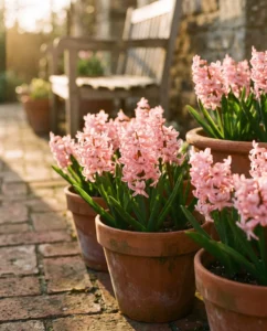 Soft pink hyacinth spikes blooming in terracotta pots on a patio.