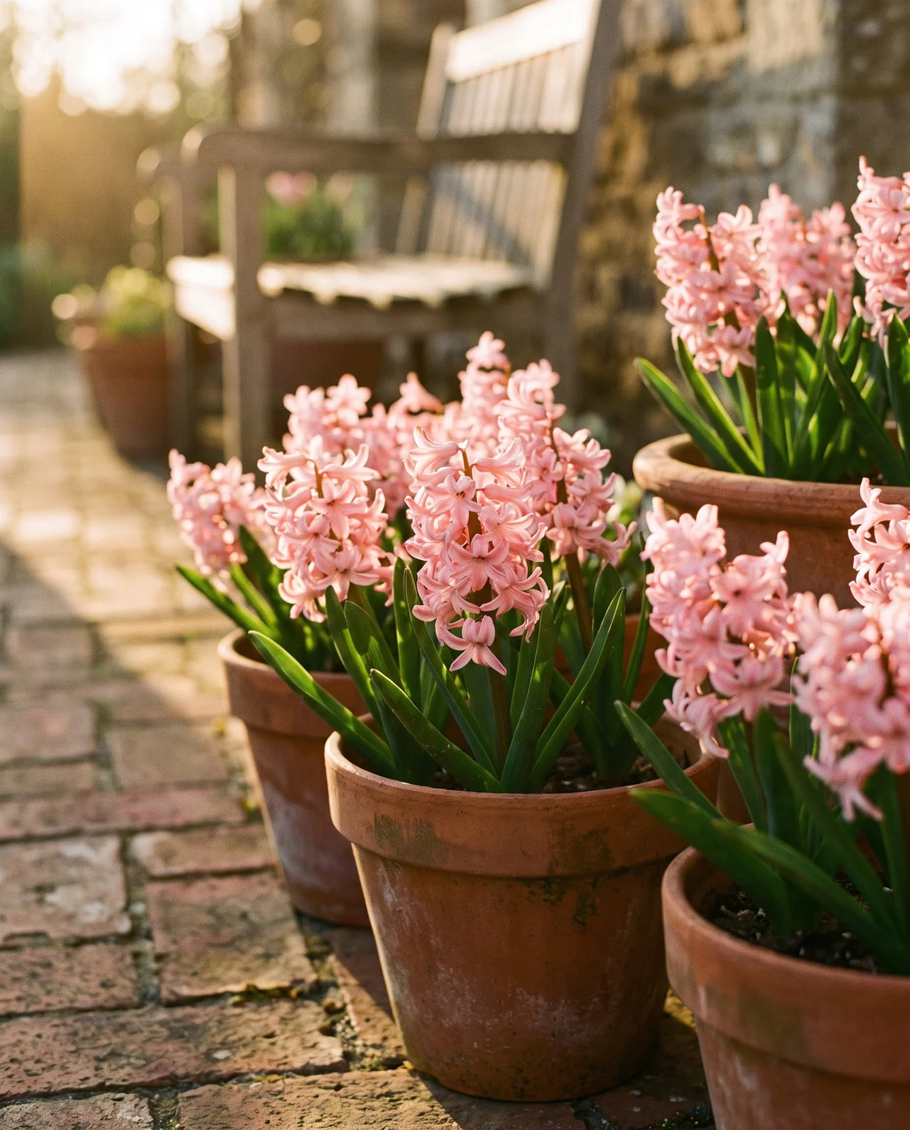 Soft pink hyacinth spikes blooming in terracotta pots on a patio.