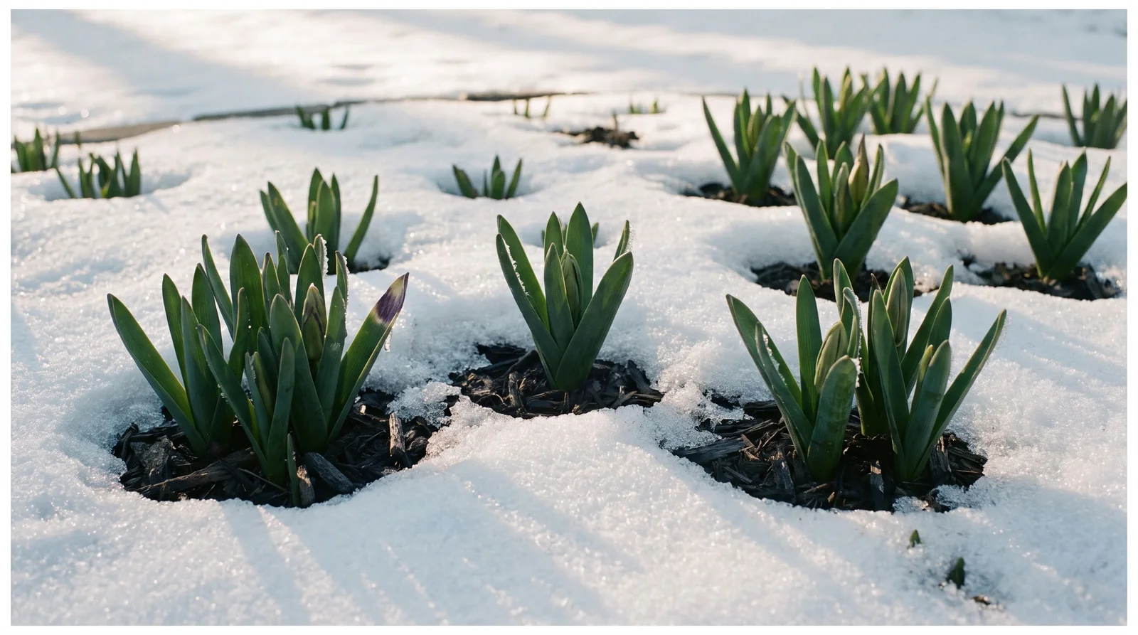Sturdy green hyacinth shoot tips breaking through thin late-winter snow.
