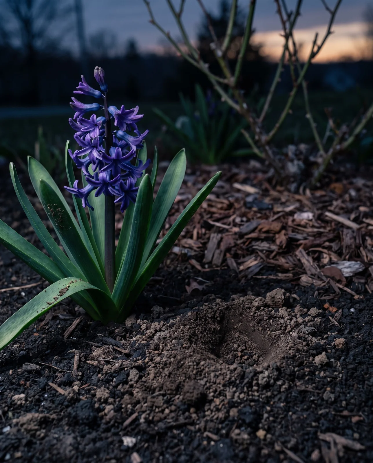 Disturbed soil and shallow animal digging near a garden hyacinth planting.
