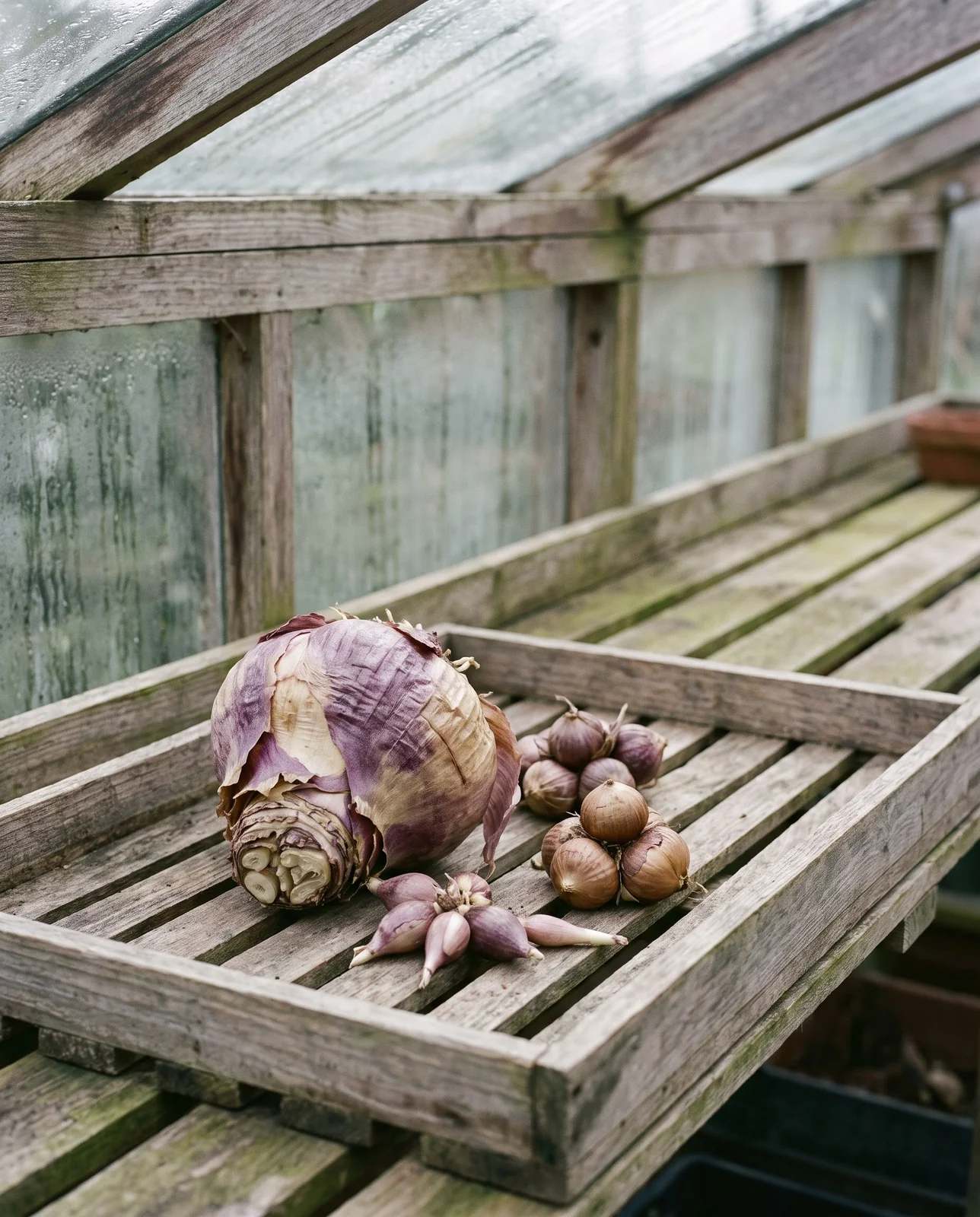 Parent hyacinth bulb resting beside small offset bulblets on a rustic tray.
