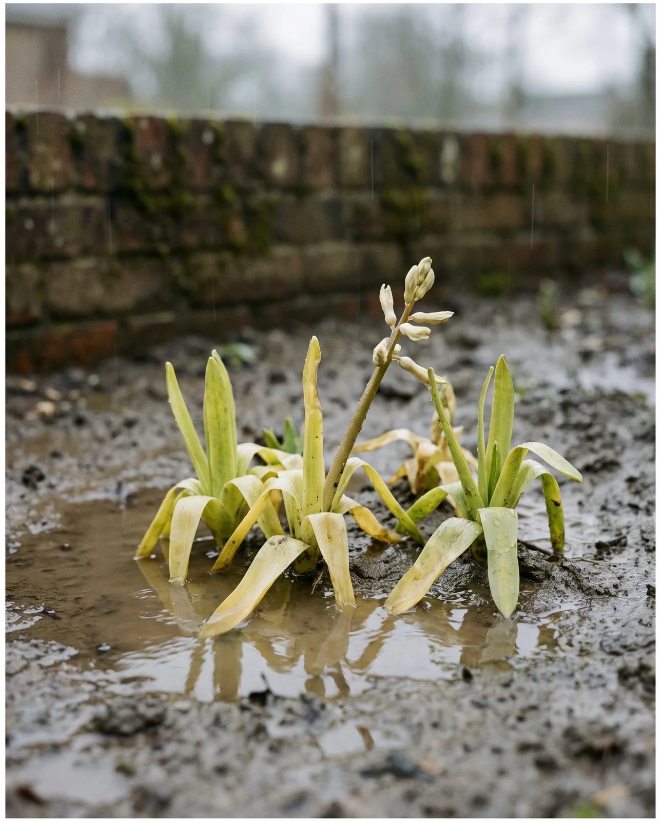Waterlogged clay garden bed with standing water drowning hyacinth foliage.
