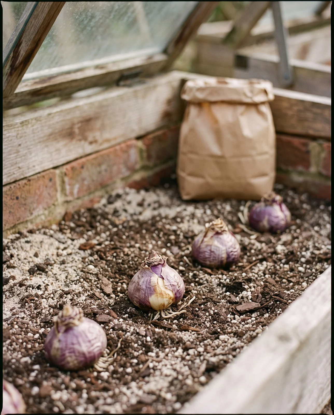 Hyacinth bulbs placed ready for planting in well-aerated sandy soil.