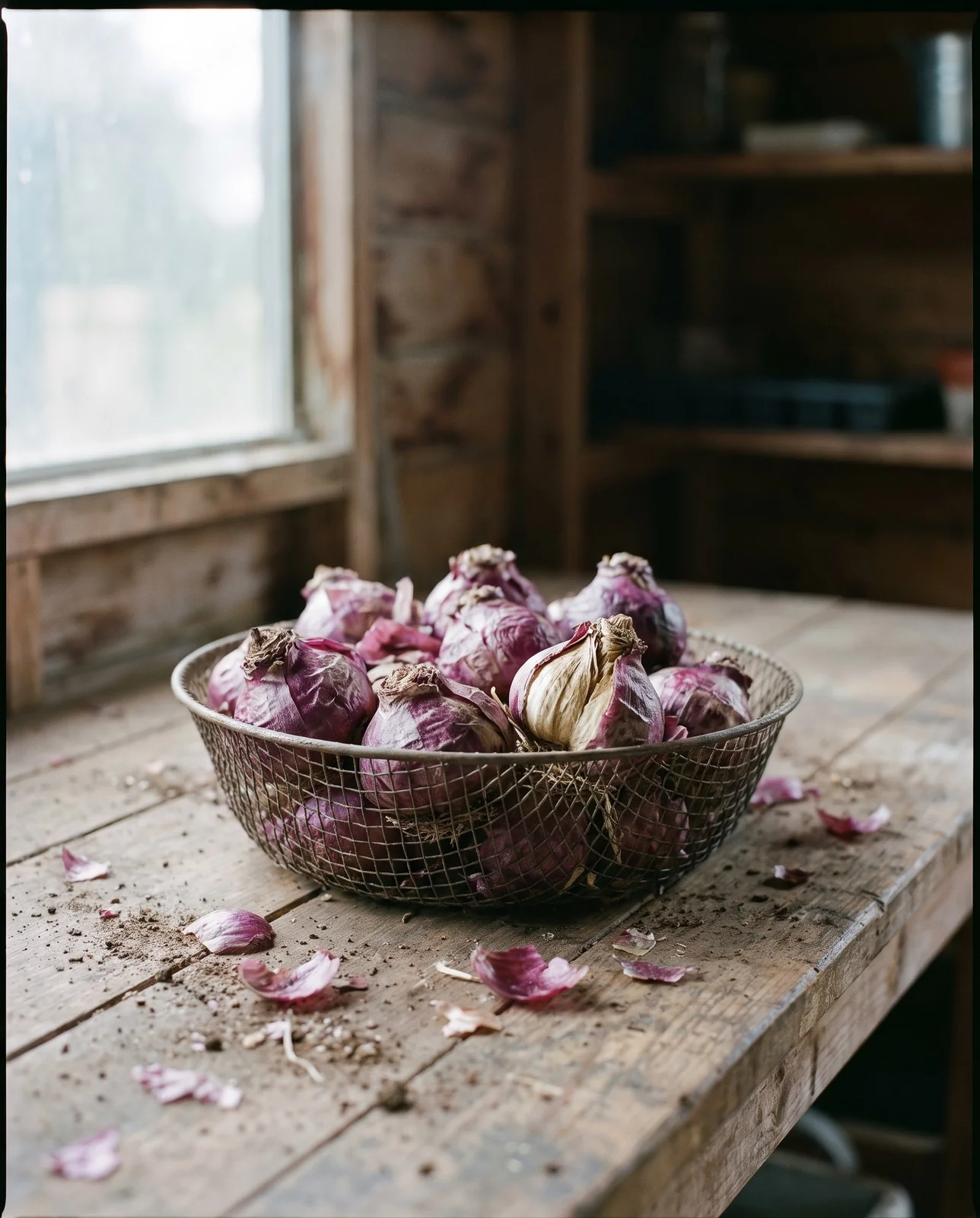 Wire basket of dormant hyacinth bulbs on a rustic potting bench.