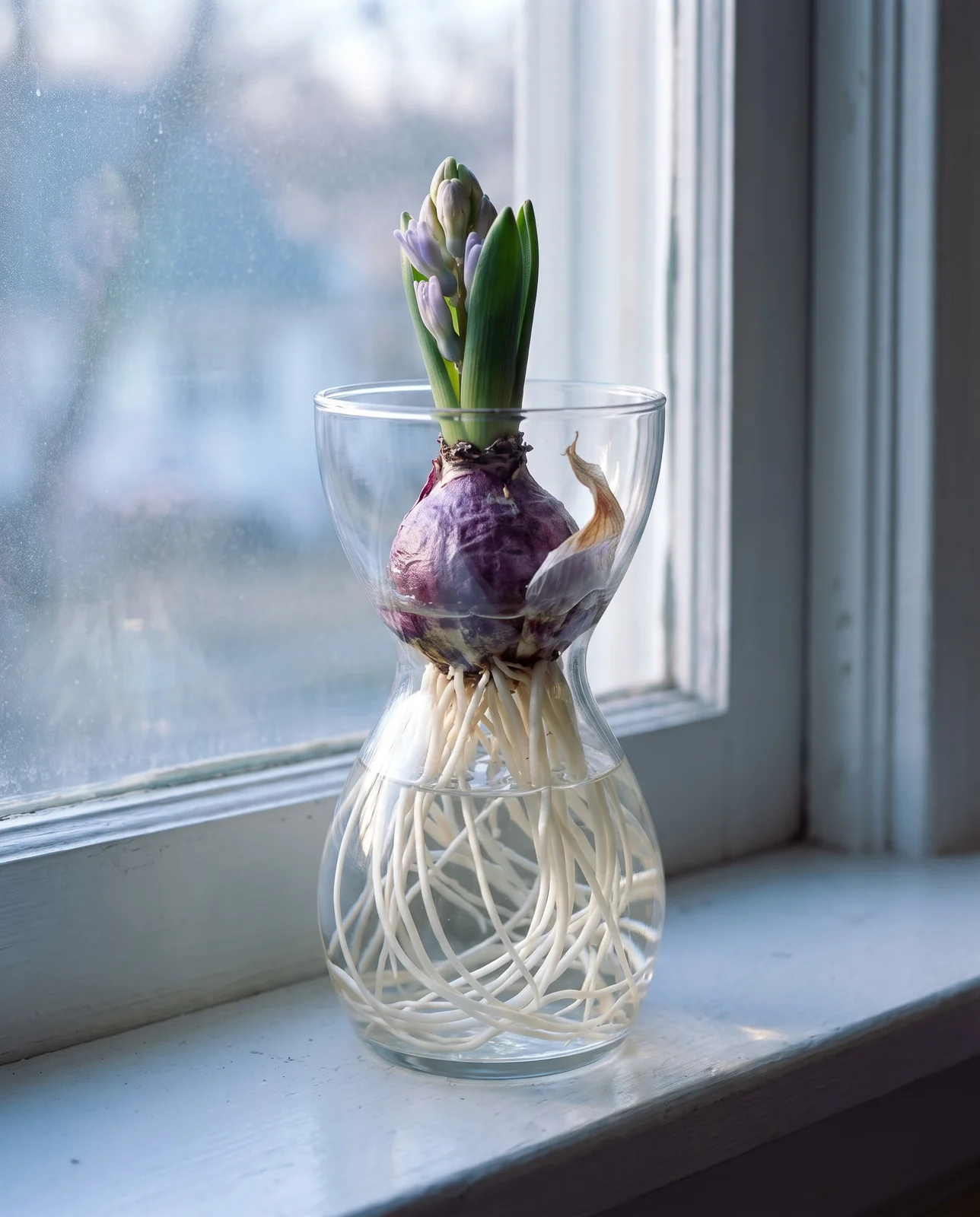 Hyacinth bulb growing roots in a specialized hourglass forcing vase.