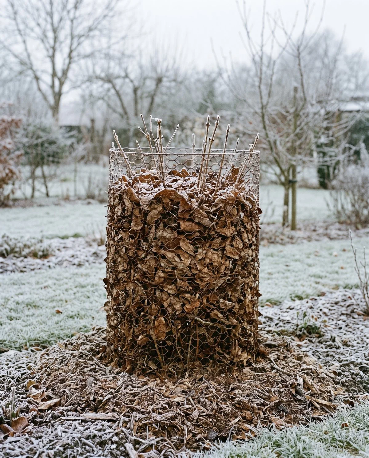 A hydrangea enclosed in a chicken-wire cylinder packed with dry leaves in a frozen winter garden