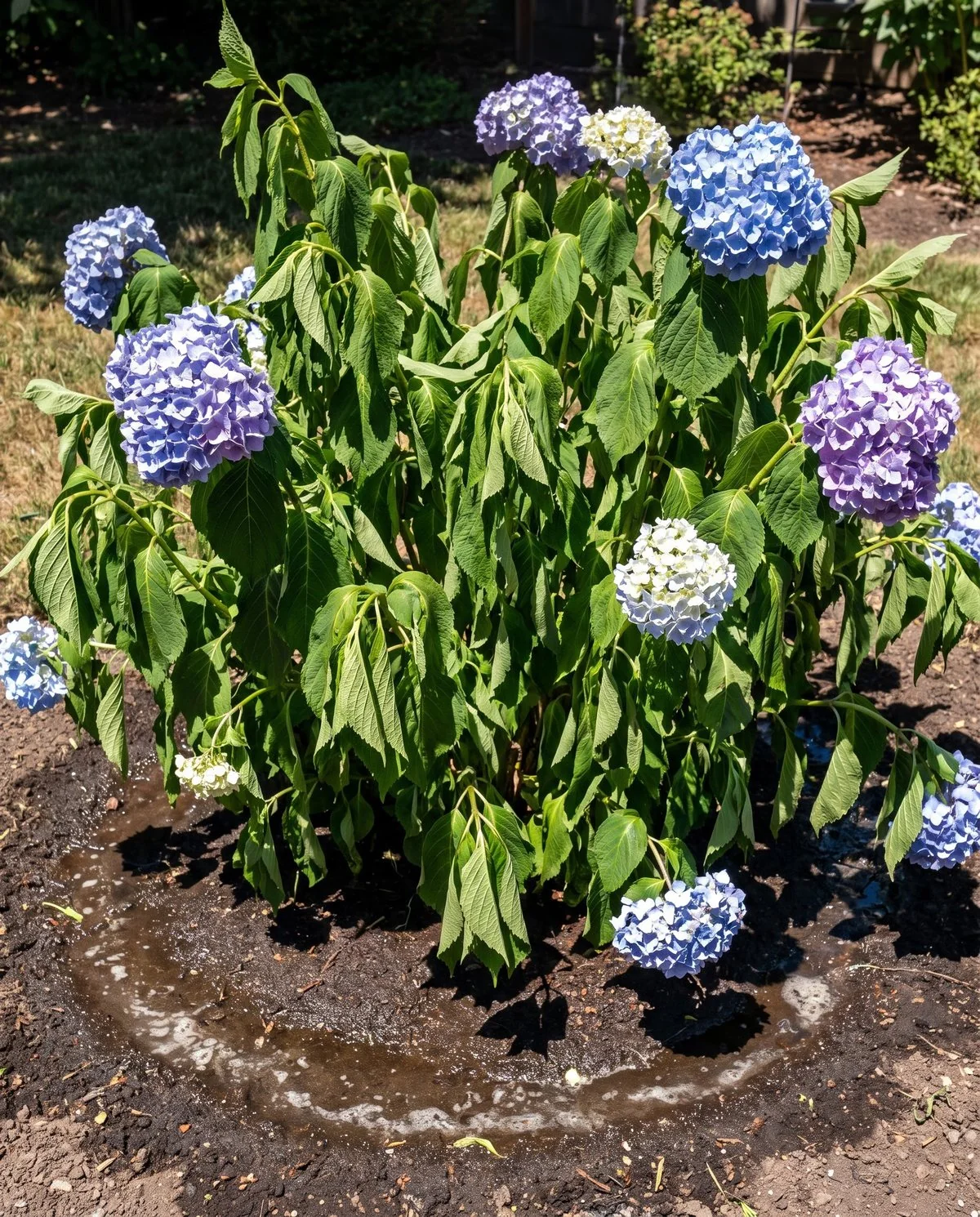 A hydrangea with every leaf hanging limp in strong afternoon sun while the soil below is still dark and moist