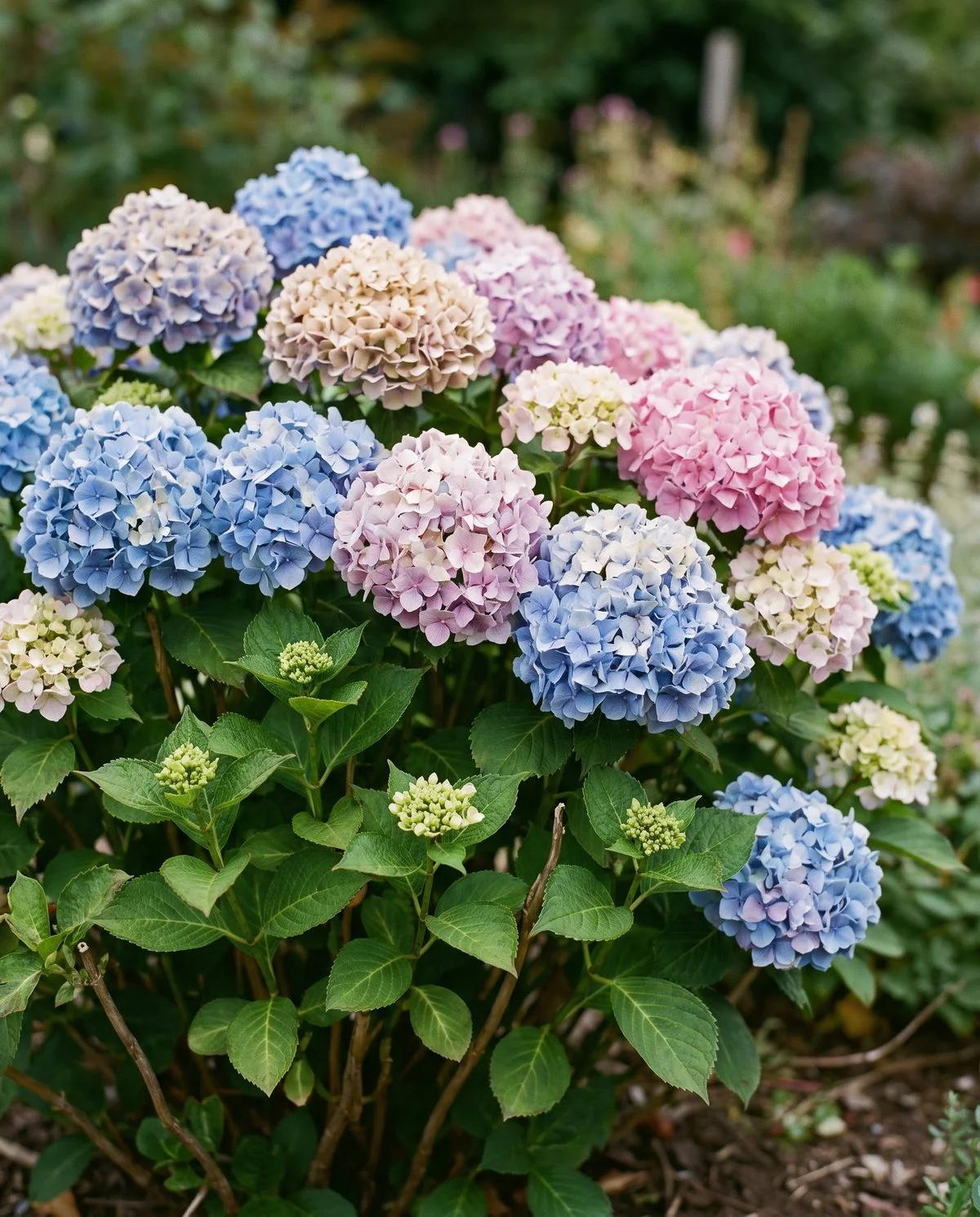 A compact reblooming mophead hydrangea carrying open heads and new buds on fresh green shoots at the same time