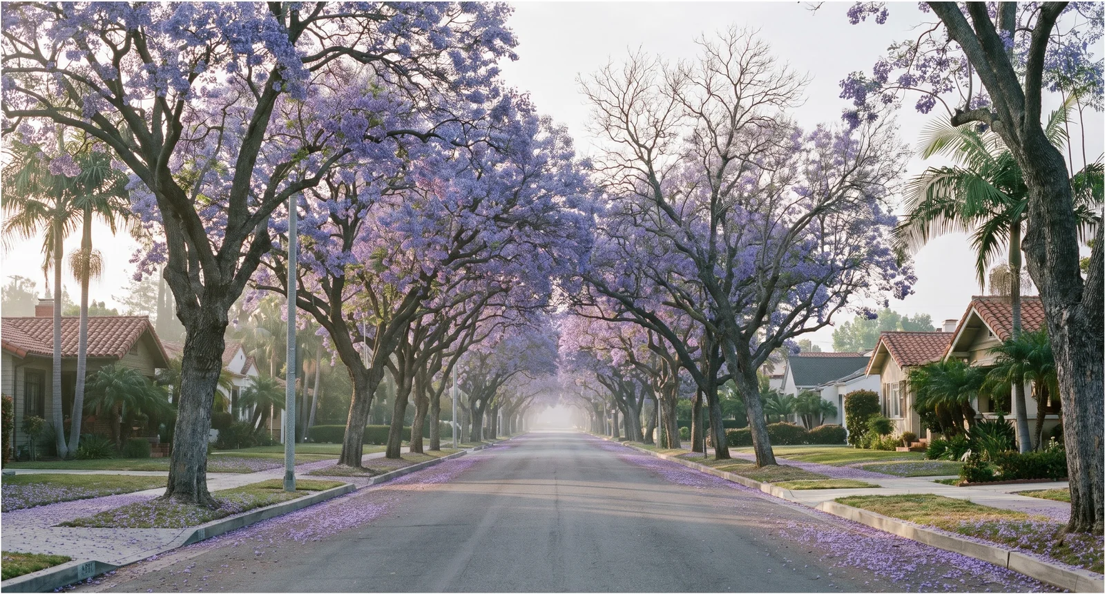 Wide view of a Los Angeles street lined with jacarandas in full bloom forming a lavender tunnel