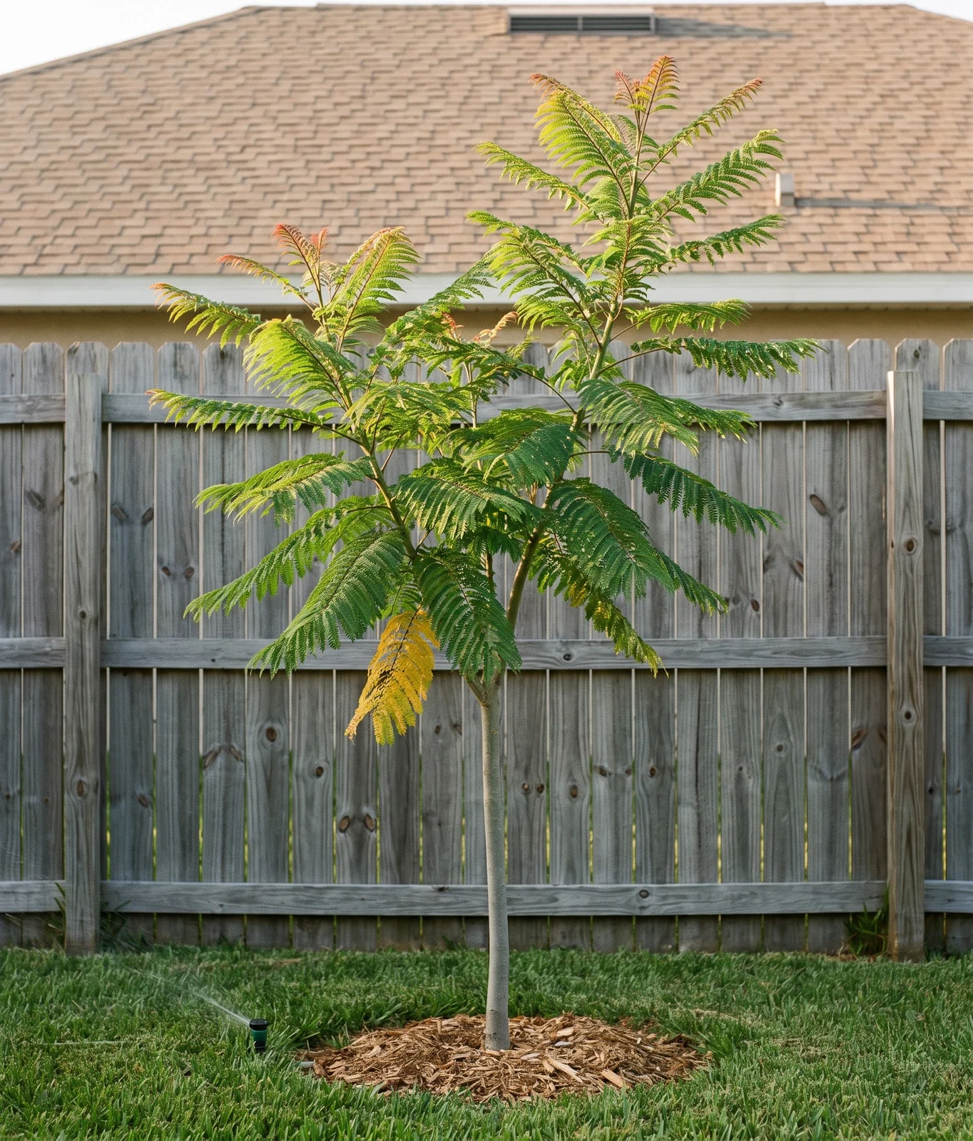 A fast-growing young jacaranda with long fresh shoots reaching above a garden fence after two seasons