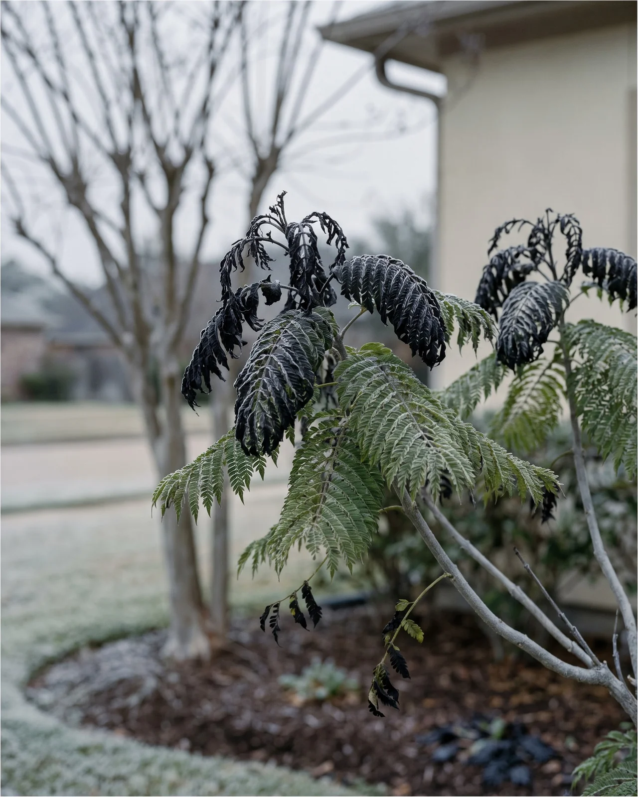Jacaranda branch tips with frost-blackened fern-like leaves after a cold night in a Gulf Coast yard
