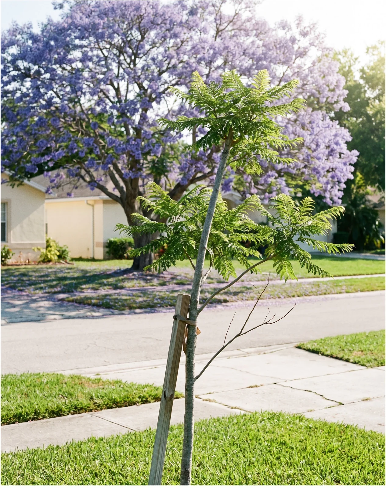 A young all-green jacaranda with no flowers in a lawn while a mature tree blooms lavender behind it