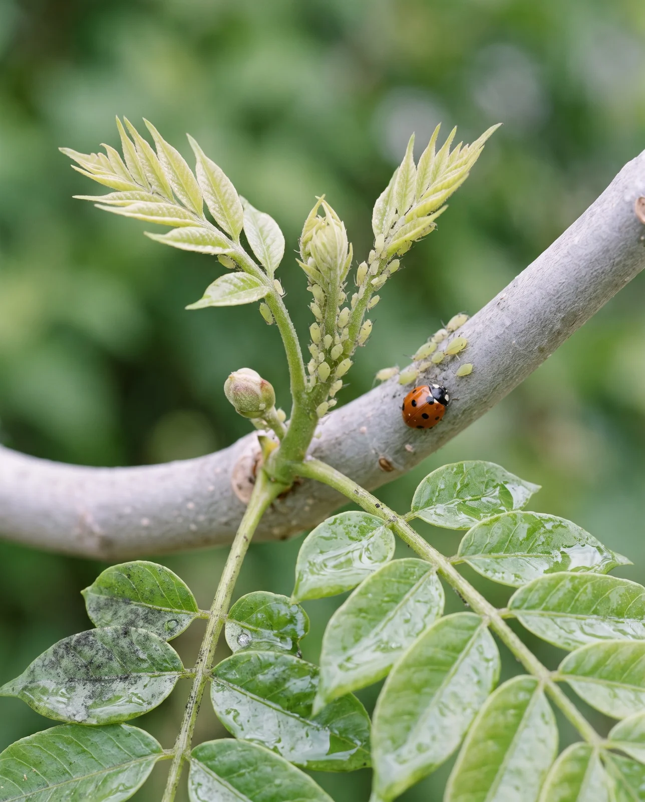 Jacaranda leaflets with small aphids on the soft tips and a sticky shine on the leaves below