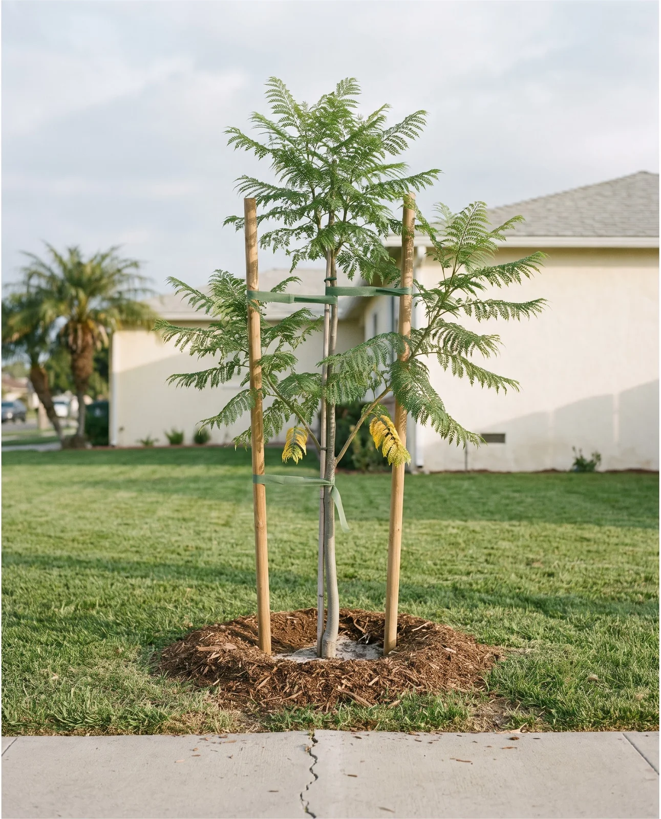 A newly planted jacaranda sapling staked in a lawn well away from a house and a sidewalk