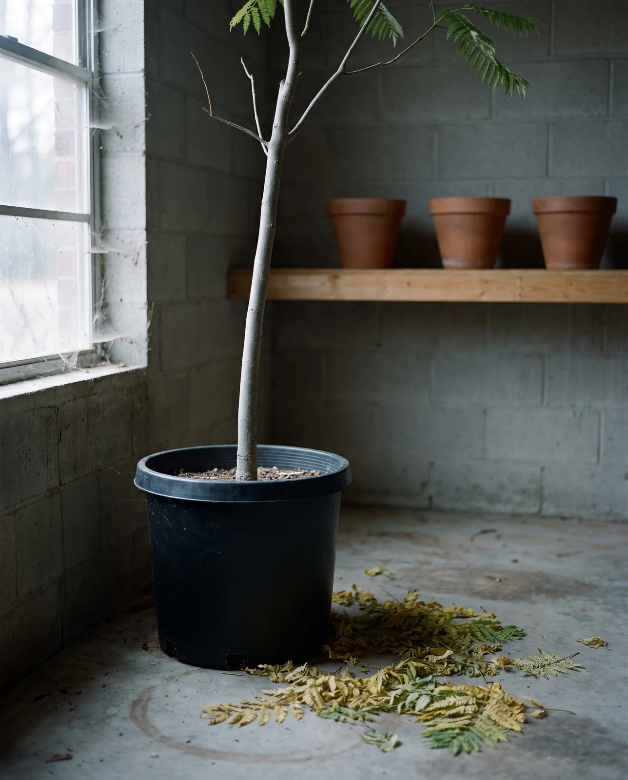 A potted young jacaranda standing by a bright garage window in winter with a few yellowed leaves dropped
