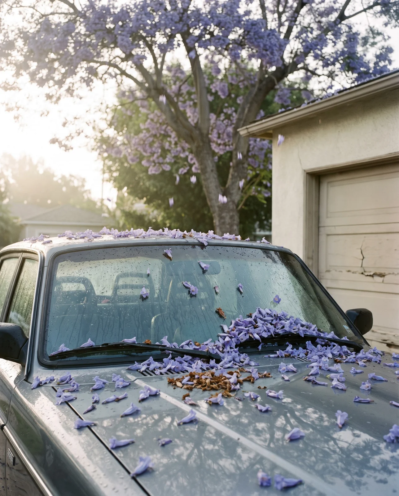 Fallen lavender jacaranda flowers stuck to the hood and windshield of a parked car under the tree