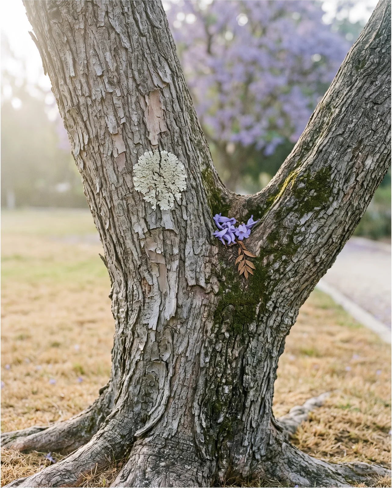 Close view of a mature jacaranda trunk with grey furrowed bark and a fork holding fallen lavender flowers