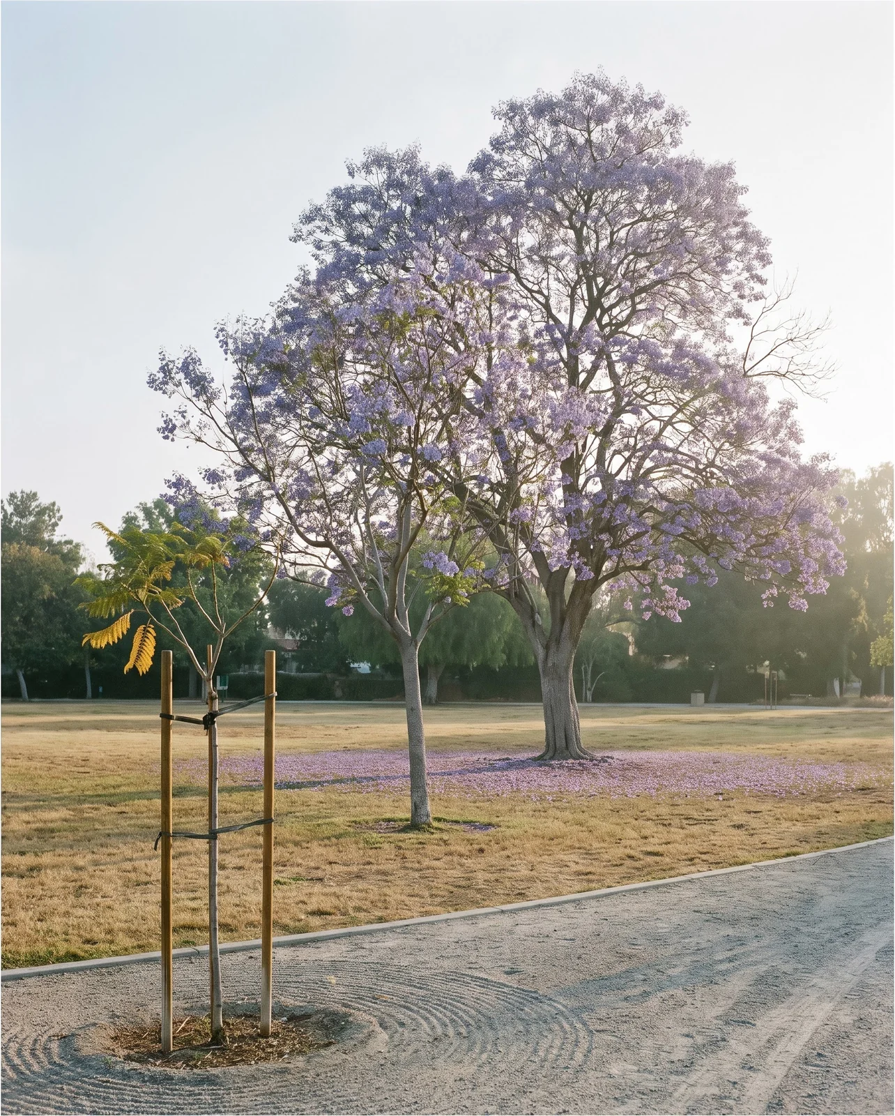 Three jacarandas of different ages in one park: a staked sapling, a mid-sized tree and a mature blooming tree