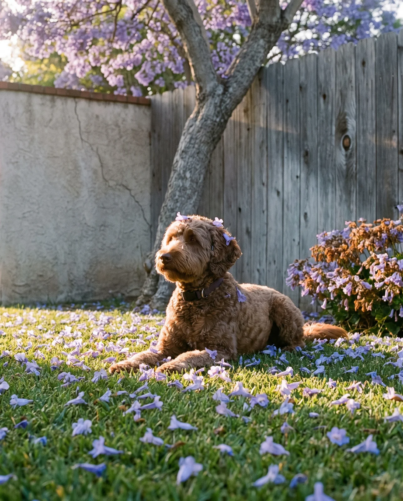 A dog lying on a lawn scattered with fallen lavender jacaranda flowers under the tree in afternoon light