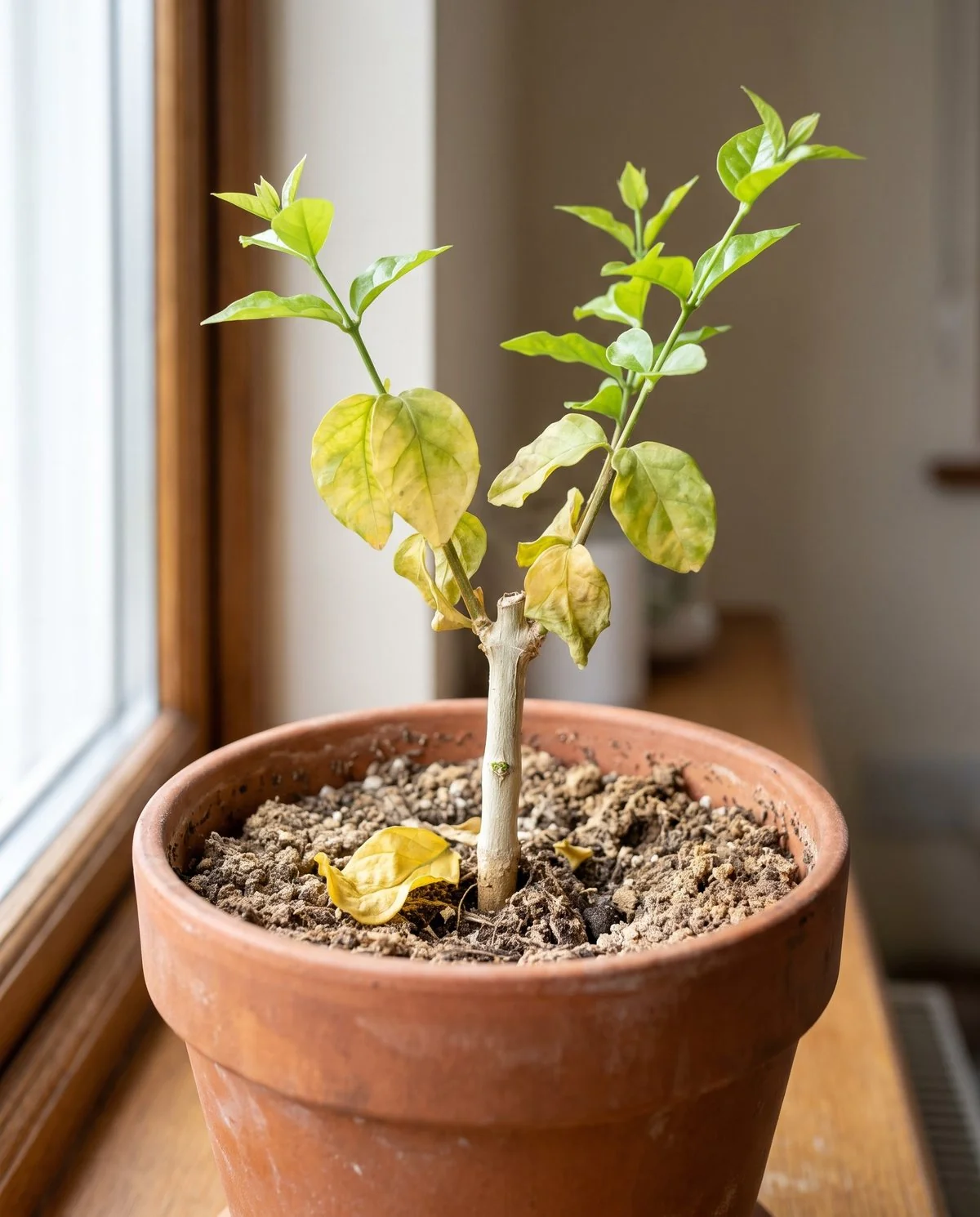 Potted jasmine with a few yellow lower leaves and fresh new growth at the tips, stem firm at the soil