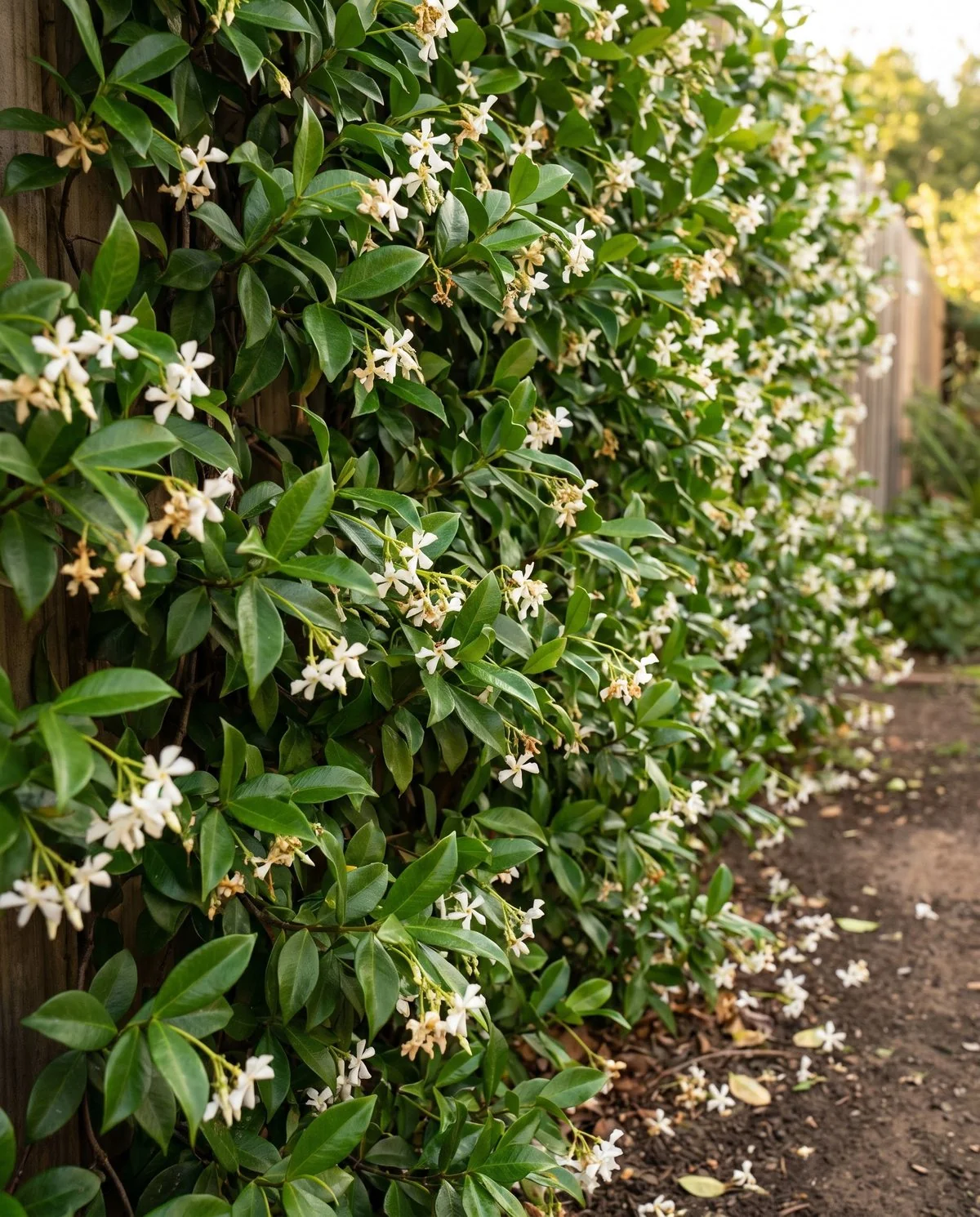 Star jasmine in summer with uniformly glossy green foliage and no trace of red pigment
