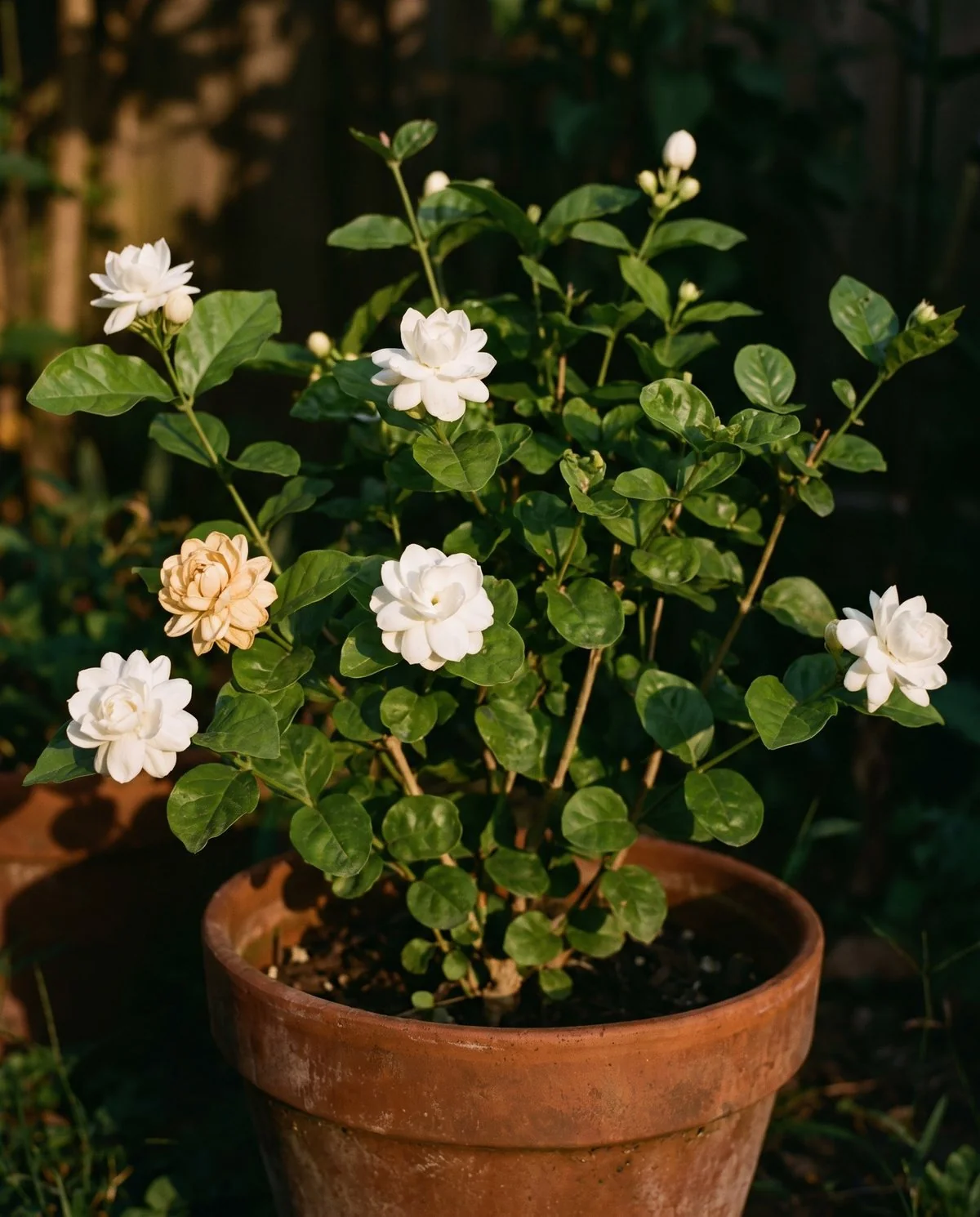 Arabian jasmine in flower at dusk, waxy white blooms and simple rounded leaves on a compact shrub