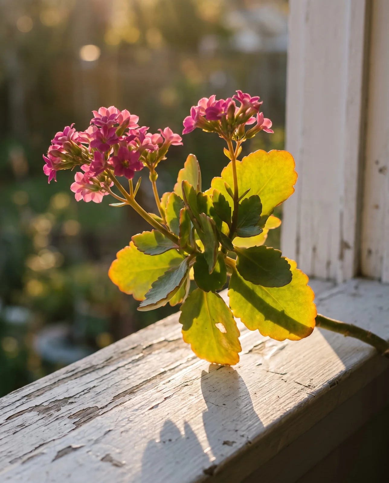 Potted kalanchoe catching direct morning sunlight on east-facing window sill