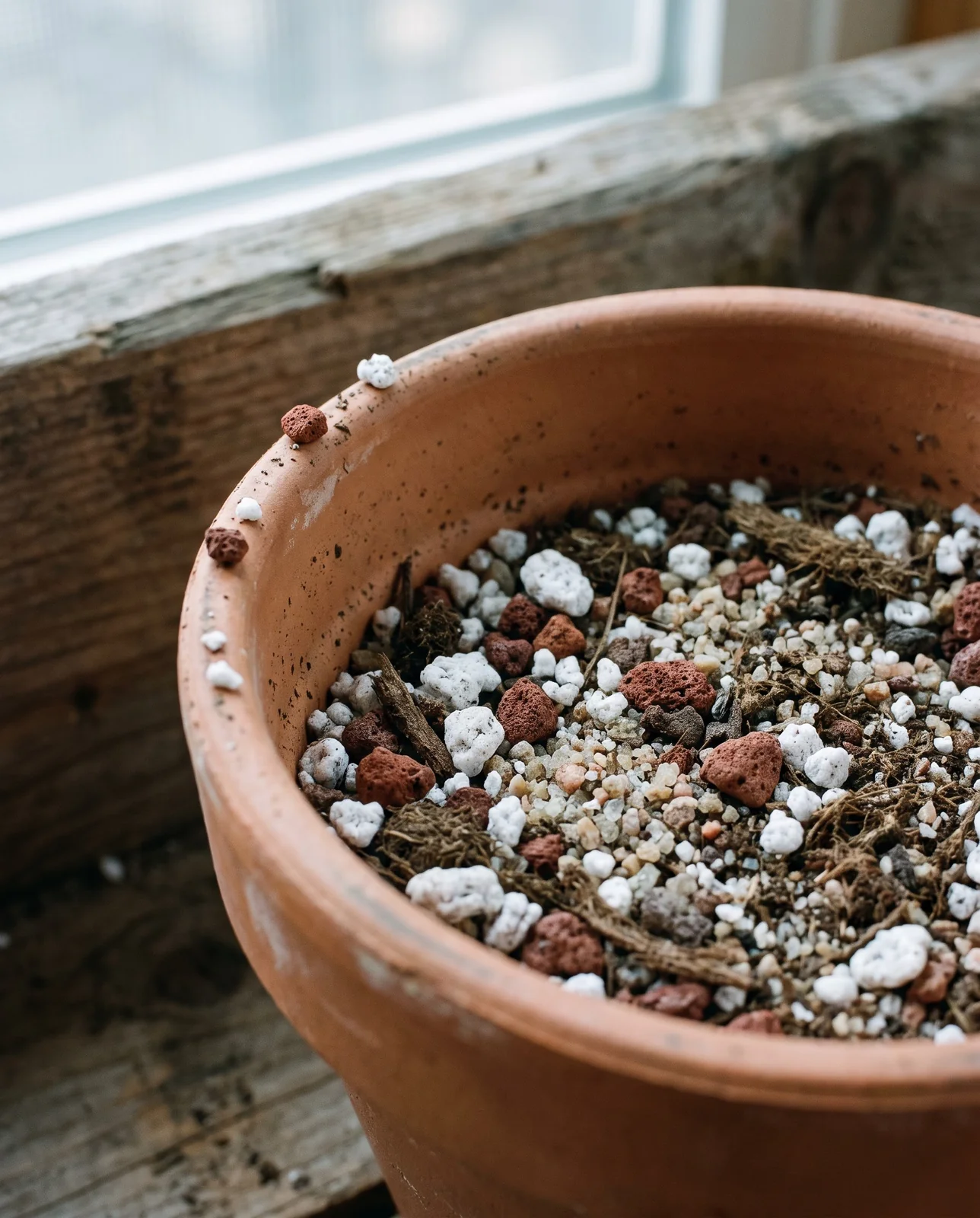 Gritty succulent potting mix with perlite and pumice in pot