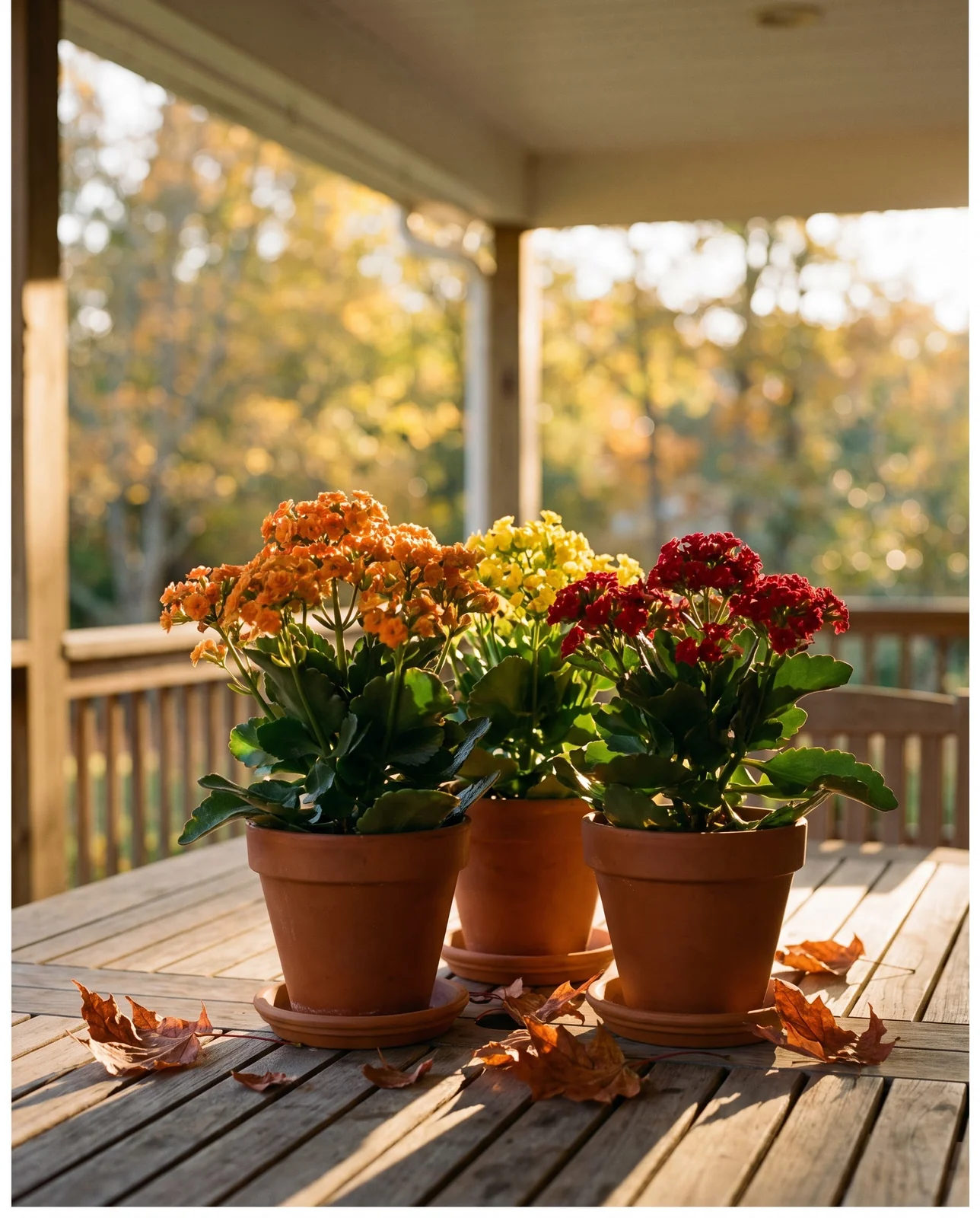 Potted blooming kalanchoes on covered patio table with autumn leaves