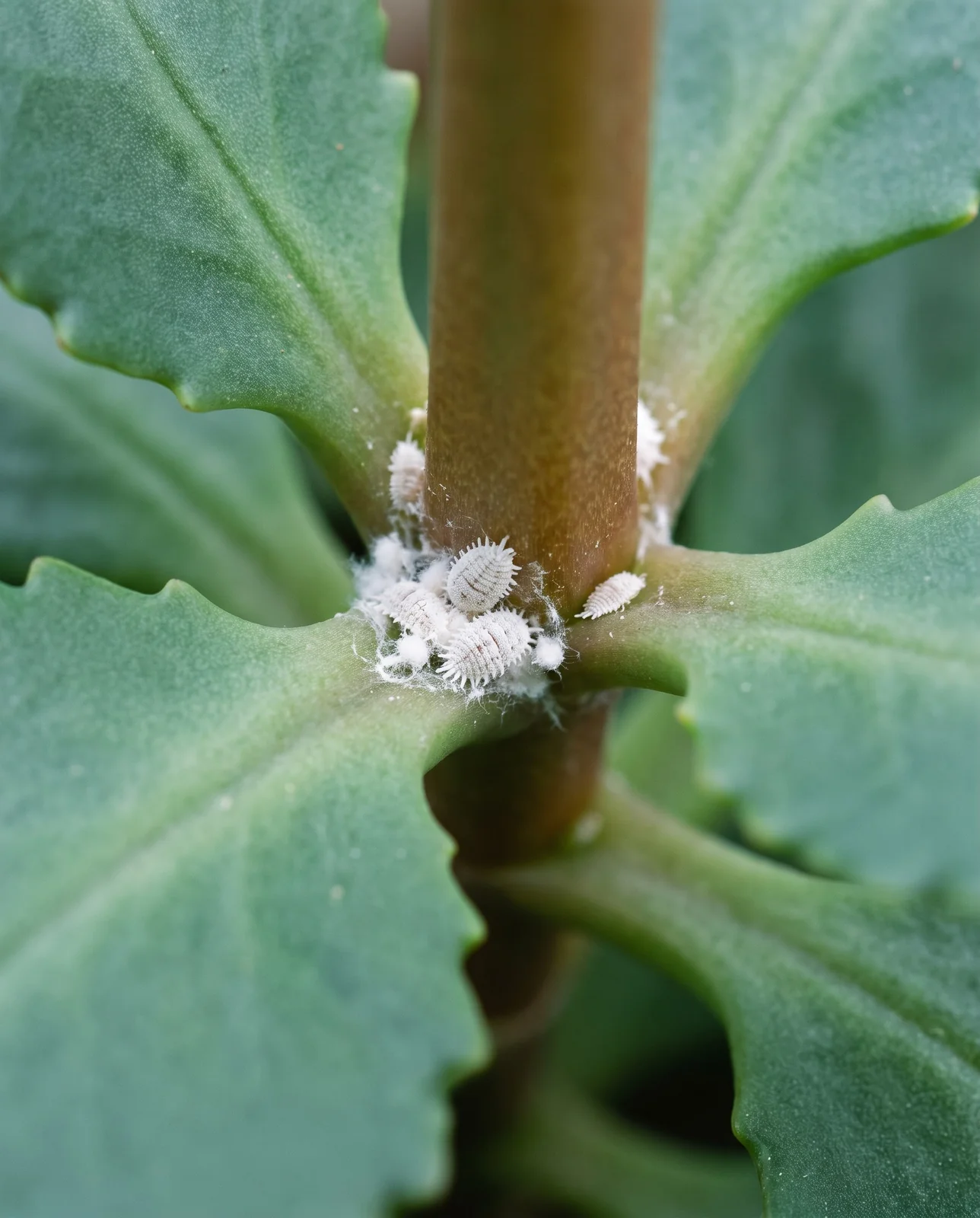 Mealybugs in leaf axil of potted kalanchoe plant